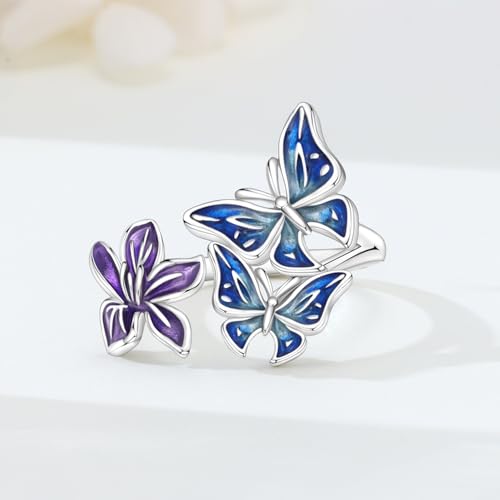 PARCOM Adjustable Women Stackable Ring, 925 Sterling Silver Open Rings - Trendy Eternity Cubic Zirconia Stackable Band Engagement Promise Ring for Her, Hypoallergenic Non Tarnish Nature Bird Floral Thumb Rings - color: Moonlit Butterfly Iris