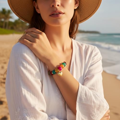 Chunky Beaded Bracelets for Women Boho Multicolor Acrylic Resin Beads Bracelet Adjustable Statement Bracelet Summer Beaded Jewelry - color: Heart beads bracelet-colorful