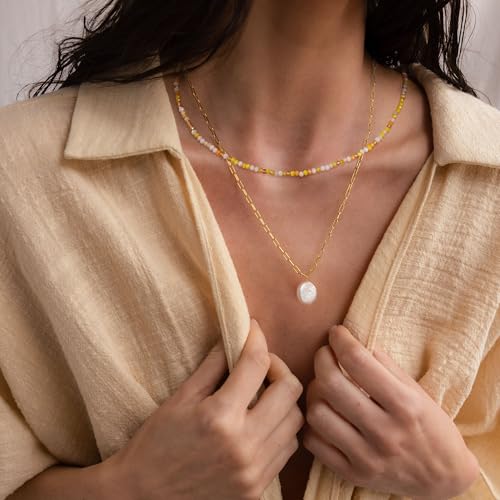 JSJOY Tiny Crystal Beaded Choker Necklaces for Women Colorful Beaded Necklace Dainty Choker Necklaces Simple Boho Jewelry Gifts for Teens Handmade Shining Bead Necklaces Gifts - color: Yellow