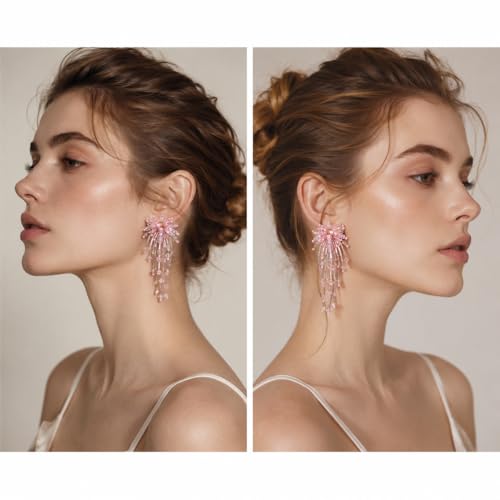 Native Beaded Tassel Earrings Boho,Fringe Drop Statement Seed Bead Tribal Dangle Earrings for Women - color: pink