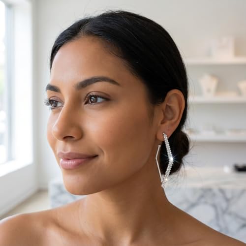 Rhinestone Geometric Hoop Stud Earrings for Women - Sparkly Crystal Statement Jewelry for Evening Parties, Weddings and Special Occasions - color: Silver