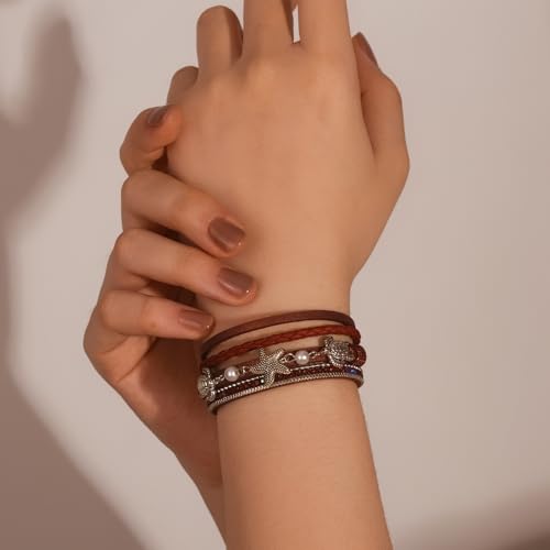 FANCY SHINY Turtle Starfish Leather Wrap Bracelet Boho Rhinestone Pearl Cuff Bracelets for Women Summer Beach Jewelry for Women - color: Burgundy