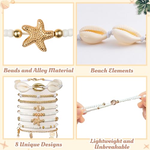 Y1tvei Shell Ankle Bracelet Set - 8Pcs White Gold Beaded Stretch Braceletst for Women, Seashell Starfish Charm Jewelry for Beach, Gold Beads Rice Beads Alloy Accessories Jewelry Gift for Summer