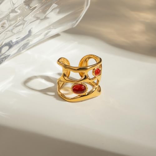 Boho Red Heart Gold Band Rings Pearl Ring, Dainty Adjustable Statement Rings, Open Wrap Stackable Finger Ring Gold Fashion Jewelry Gifts for Women - color: Gold Hollow Ring - Ruby