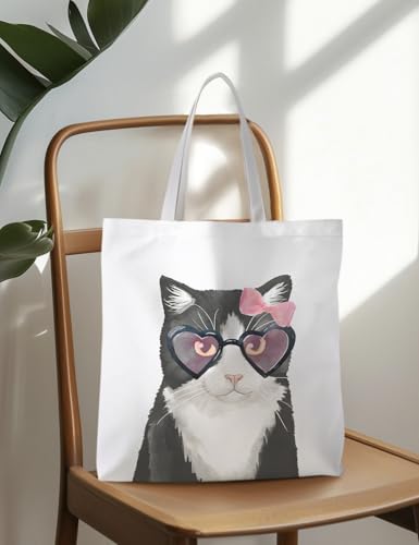 Preppy Animal Tote Bag, Pet Canvas Tote Bag, Reusable Grocery Shopping Shoulder Bags - color: Cat