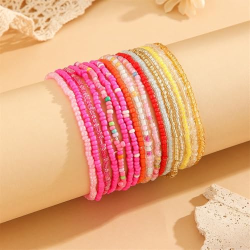 Fuqimanman2020 18Pcs Boho Stackable Beaded Bracelets for Women Colorful Handmade Multilayered Rice Beads Anklets Set Summer Beach Bohemian Jewelry Gift - color: Style 1 Pink B