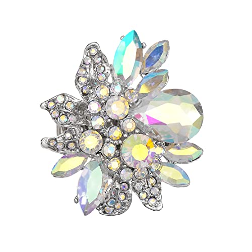 CSY Luxury Women's Austrian Crystal Leaves Flower Big Cocktail Statement Rings Stretch Adjustable Ring Jewelry Accessories - color: AB Crystal