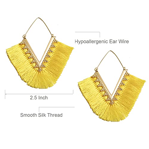 Tassel Hoop Earring Statement Thread Dangle Earrings Stylish Long Fringe Drop Earrings Lightweight Long Swingy French Hook Earrings for Women - color: A Yellow