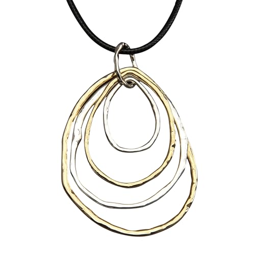 PU Leather Necklace Vintage Boho Style Multilayer Pendant Long Sweater Necklace Jewelry for Women Men with Adjustable Leather Cord - color: Gold Silver 4 Circles Necklace