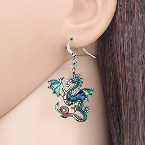 Enamel Alloy Dinosaur Fantasy Dragon Earrings Drop Dangle Unique Animal Jewelry For Women Dragons Gifts - color: Pine