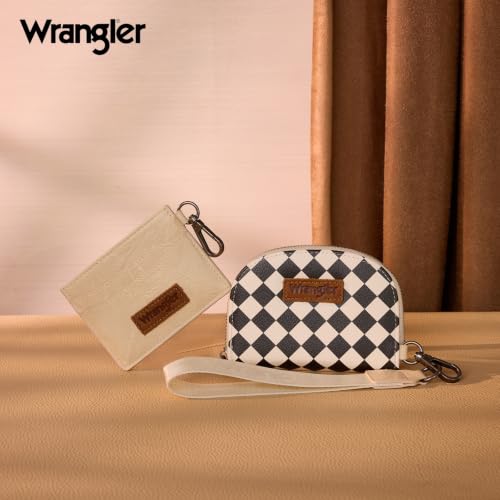 Wrangler KeyChain Wallet Checkered Wristlet Wallets for Women Western Dual Pouch Wristlet Credit Card Holder Wallet - color: Checkered Tan