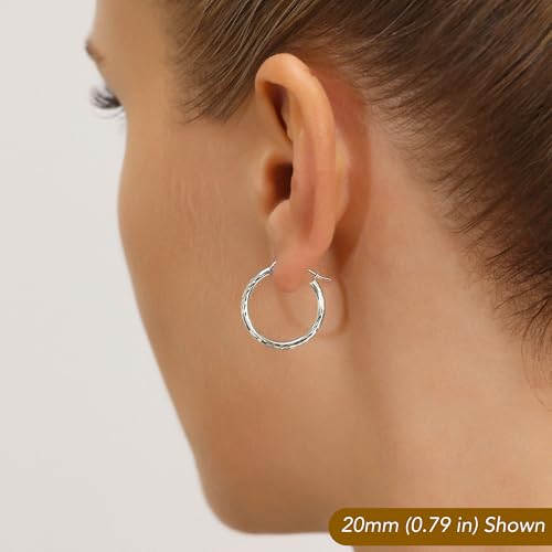 10K White Gold Hand Engraved Full Diamond-cut Round Hoop Earrings, Secure Latch Back Closure - style: 20mm
