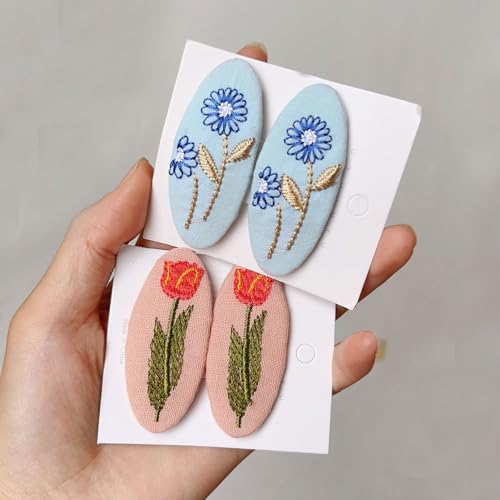 Set Of 2 Delicate Hand Embroidered Hair Clip Vintage Flower Zouju For Daughters Teens Women Girlfriends Wives Unique Hair Accessories (Pink hair clip) - color: Pink hair clip