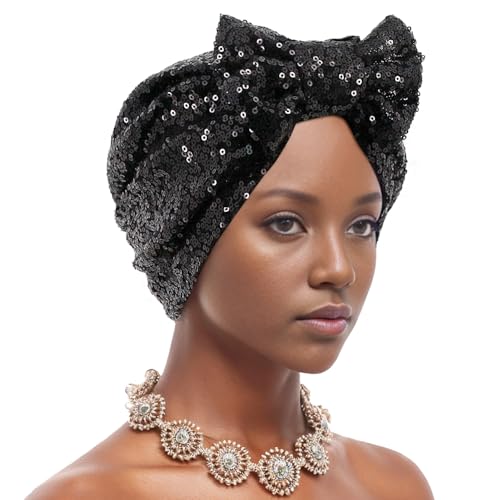 Erinaco Women Sparkle Sequin African Turban Bow Knot Pre-Tied Cap Pleated Ruffle Bonnet Beanie Hat Headwrap Skull Caps - color: Black Sequin
