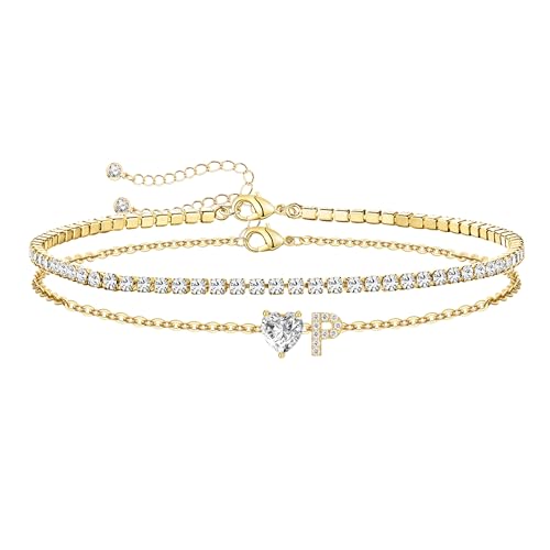 Gold Initial Ankle Bracelets for Women Waterproof 14K Gold Filled Layered Anklets for Women Non Tarnish Women's Anklets Adjustable Large Ankle Summer Beach Foot Jewelry - style: Gold-P