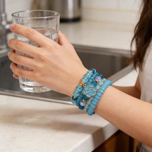 coadipress 5Pcs Bohemian Flower Stackable Bead Bracelets for Women Multilayer Crystal Glass Beaded Charm Bangles Bracelet Boho Summer Beach Hawaii Holiday Statement Jewelry - color: Blue