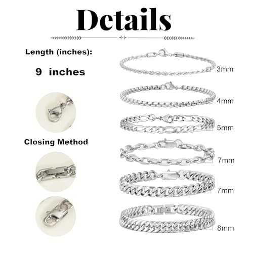 XIANNVXI 6pcs Bracelets for Men Gifts for Him Stainless Steel Bracelet Silver/Gold/Black Cuban Link Rope Paperclip Chain Bracelets Set 6.5/7/7.5/8.3/9 Inches Metal Bracelet Mens Fashion Accessories Jewelry Gifts Set - color: Silver, size: 9 in-Men Large