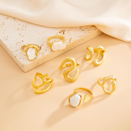 Chunky Gold Pearl Rings for Women Vintage Baroque Pearl Rings Set Open Stacking Pearls Ring Set Irregular Geometric Pearls Ring Boho Prom Costumes Fashion Jewelry Accessories - style: 7PCS