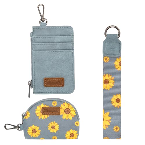 Wrangler KeyChain Wristlet Wallets for Women Sunflower Floral Dual Pouch Wristlet Western Credit Card Holder Wallet with Zipper Pocket - color: Sunflower Jean