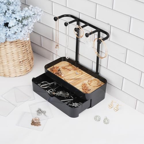 Jewelry Organizer Stand, 2-Tier Necklaces Holder with Wooden Tray and 5 Storage Hooks, Earring Holder with 5 Pcs Jewelry Bags for Bracelet,Chains,Rings,Earrings,Keys Watches (Black) - color: Upgraded Black