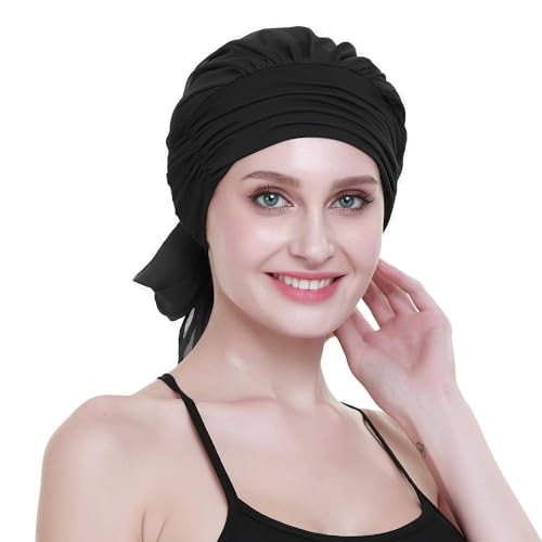 Chemo Headwear Turbans for Women Long Hair Head Scarf Headwraps Cancer Hats - color: Both Black