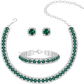 Women Rhinestone Crystal Jewelry Set Crystal Tennis Design Rhinestone Choker Necklace Link Bracelet Teardrop Earrings Set Wedding Bridal Bridesmaids Party - color: Green (Silver)