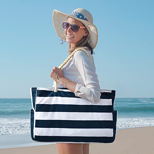 Becokan Beach Bag Large Beach Tote Bag for Women Waterproof Sandproof Swim Pool Bag With Zipper - color: Dark Blue