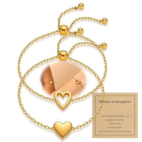 Mother Daughter Bracelets 18K Gold Plated for Mothers Day Birthday Friend Gifts, Heart Jewelry Mommy and Me Bracelets for Women, Adjustable Matching Friendship Bracelets