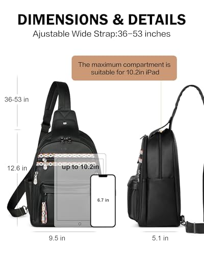 FADEON Large Sling Bag for Women, Leather Crossbody Purse Designer Anti Theft Sling Backpack, RFID Fanny Packs for Travel - color: Pure Black