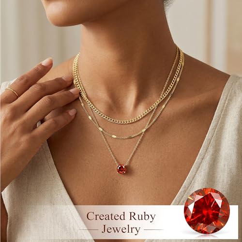 WomenGifts Layered Gold Necklaces for Women, 14K Gold Sterling Silver Plated Dainty Pendant Necklace Set Non Tarnish, Chunky Stackable Cuban Chain Choker, Trendy Birthstone Vacation Jewelry Gift - color: Gold, style: Cubic Zirconia-Created Ruby-July