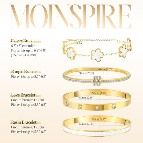 MOINSPIRE Gold Bracelets for Women, 18K Gold Plated Tennis Nail Clover love Bangle Bracelets Set Non Tarnish, Stainless Steel Trendy Stackable Bracelet Fashion Jewelry Accessories Gifts for Christmas - color: C2-White
