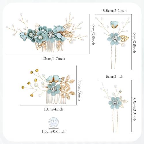 inSowni 20 Pieces Rhinestone Pearl Bridal Wedding Party Prom Light Green Flower Hair Side Combs Slides +U-shaped Floral Hair Pins+Twist Spiral Pearl Hairpins for Brides Bridesmaids Girls Women - color: Light Green