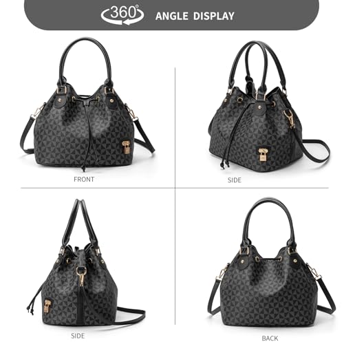 Bucket Purse For Women With Chic West Hobo Style | Drawstring Closure, Shoulder Handbag, Tote Purse, Pockets Design - color: Black