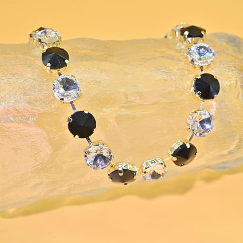 Fashionable Chunky Plated Tennis Rhinestone Statement Necklace Jewelry Set for Women Multicolor gem necklace with Great Sparkle and Shine Design for Women to Easy Match - color: black/white round rhinestone