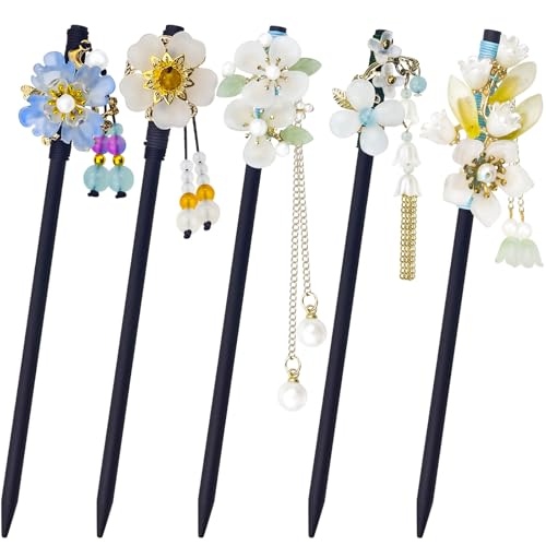 5 PACK Japanese Vintage Asian Chinese Wooden Hair Stick Retro Hairpin Flower Hair Chopsticks with Bead Pendants Forks Bun Updo Holders Handmade for Women Girls - color: White