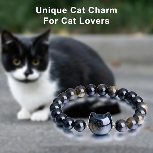 Beaded Bracelets for Women, Black Obsidian Money Attraction Bracelet, 8mm Healing Relax Anxiety Luck Crystal Bead Bracelets, Adjustable Jewelry Feng Shui Stretch Bracelet Cat Lover Gifts for Women Men - color: Black Cat