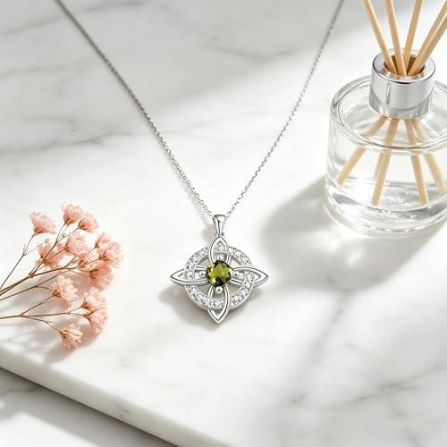 Mystical Birthstone Witches Knot Necklace – Natural Crystal Celtic Pendant, Wiccan Pagan Jewelry Gift for Women - color: August