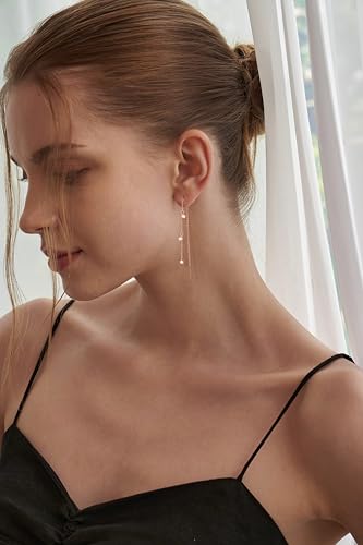 NECOCY Gold Dangle Earrings for Women Non Tarnish 14K Gold Plated Drop Wedding Hypallergenic Earring Dainty Long Hanging Chain CZ Pearl Threader Earrings Trendy Silver Plated Jewelry for Women - style: Rosegold&Style3