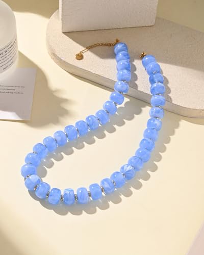 Chunky Beaded Statement Necklace for Women Trendy Colorful Boho Resin Bead Choker Necklaces Summer Handmade Jewelry Gifts Accessories - color: Blue - 1