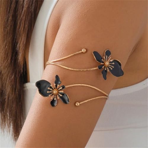 Flower Arm Cuff Bracelets for Women Adjustable Gold Upper ArmBand Jewelry Boho Floral Open Wrap Statement Bangle Bracelet Arm Cuff Jewelry Gifts for Women - color: Black