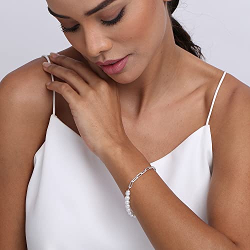 LeCalla Pure 925 Sterling Silver Italian Paperclip Link Chain Bracelets | Gold Over Silver Paper-Clip Link Station Bracelet | Sliding Bolo Bracelet for Women - color: Pearl Paperclip Link
