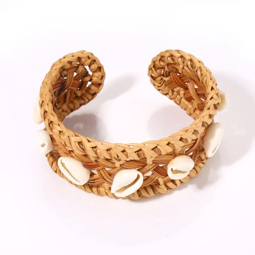 Rattan Bracelet Handmade Lightweight Straw Wicker Braid Cuff Bangle Bracelet Statement Adjustable Bohemian Rattans Woven Chunky Bracelets for Summer Wrist Jewelry - style: H Rattan Shell Bracelet