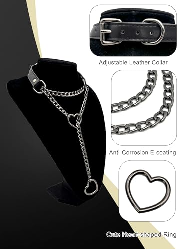 Black Leather Choker Collar For Women, Handmade Heart Slip Chain Choker Long Necklace with Adjustable Buckle - color: B-Black-Black-Black, size: 18''chain
