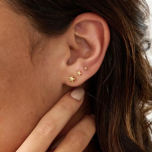 3 Pair Tiny Flat Back Earrings for Women - 14K Gold/White Gold Plated Dainty Cute Small Screw Flatback Stud Earring, Everyday Wear Gift - color: Star Flat-4/5/6mm Gold