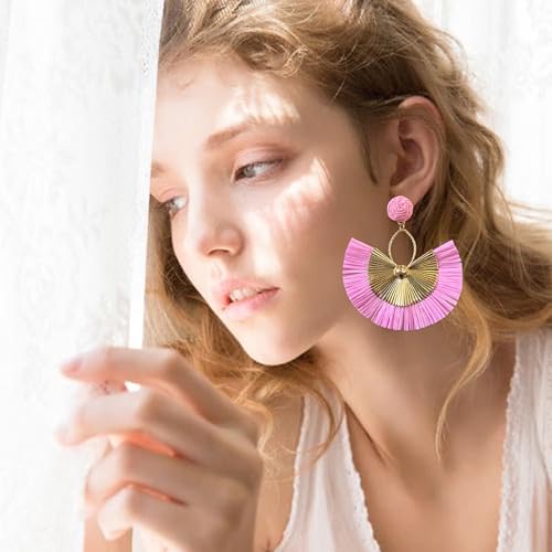 Anmpab Straw Fan Bohemian Tassel Earrings for Women Trendy Colorful Fringe Summer Beach Statement Earrings - color: Pink