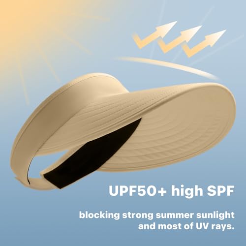 WANDER Sun Visor Hats for Women Wide Brim UV Protection Adjustable Large Golf Beach Cap Packable Travel Sport Visor - color: Khaki