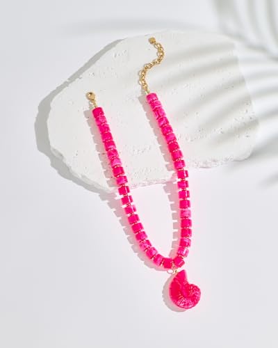 Chunky Beaded Necklace for Women with Conch Shell Pendant, Boho Bead Statement Necklace with Adjustable Gold Chain, Beach Jewelry for Summer＆Vacation Gifts - color: Fuchsia