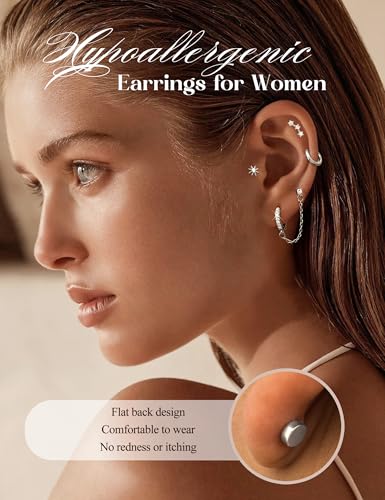 Florideco Flat Back Earrings Hypoallergenic Surgical Steel Earrings for Women Trendy Cartilage Chain Earring 14K Gold Plated Star Heart CZ Flatback Stud Earring Sets for Multiple Piercing - color: Silver