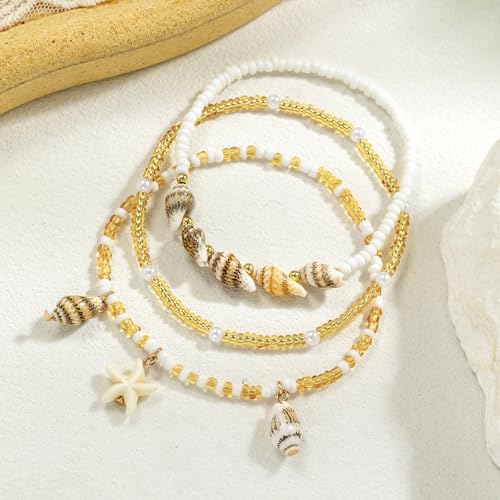 Qceasiy Shell Ankle Bracelet Set for Women, Gold Plated Boho Bead Adjustable Anklet, Hawaiian Beach Seashell Pearl Heart Starfish Conch Foot Jewelry Gifts - color: Conch Starfish 3Pcs
