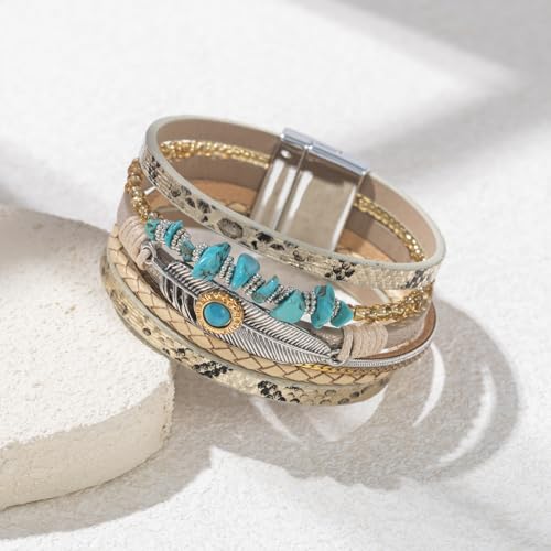 FANCY SHINY Turquoise Boho Leather Bracelet Stackable Chunky Wrap Bangle Bracelets Cowboy Cowgirl Chic Western Jewelry Gift for Women - color: Gold